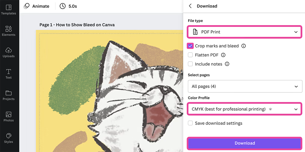 Canva crop marks setting